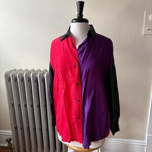 Early 90s Kikomo Unisex Shirt Medium 100% Silk Block Multicolor Button-Up